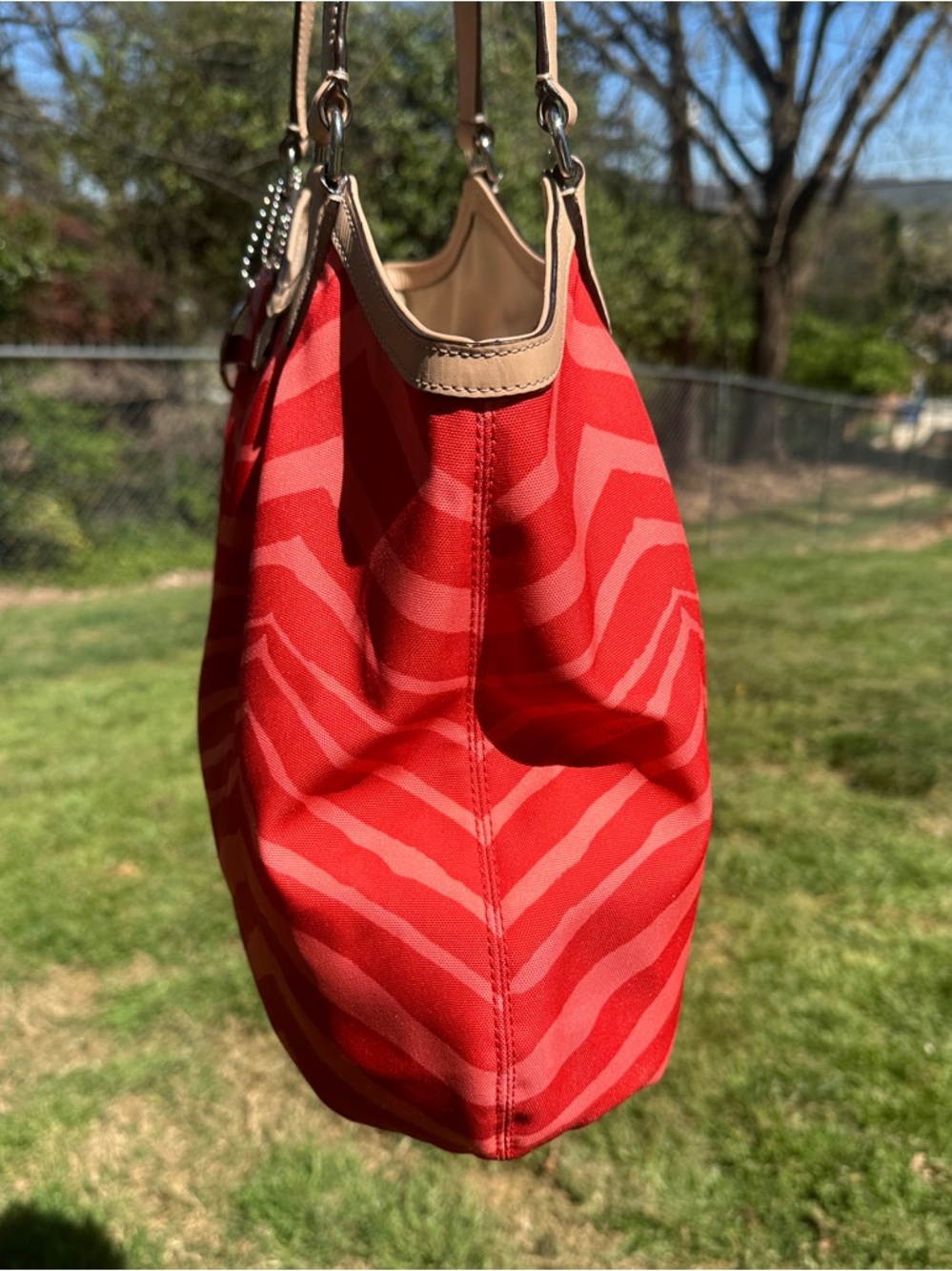 Coach Devin Red Coral Zebra Print Shoulder Bag Canvas Leather Trim F24022 2014 - Picture 5 of 11